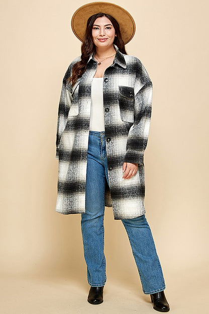 PLAID PRINT MOHAIR WOOL LONG SHACKET WITH POCKET