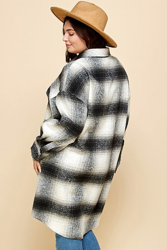 PLAID PRINT MOHAIR WOOL LONG SHACKET WITH POCKET