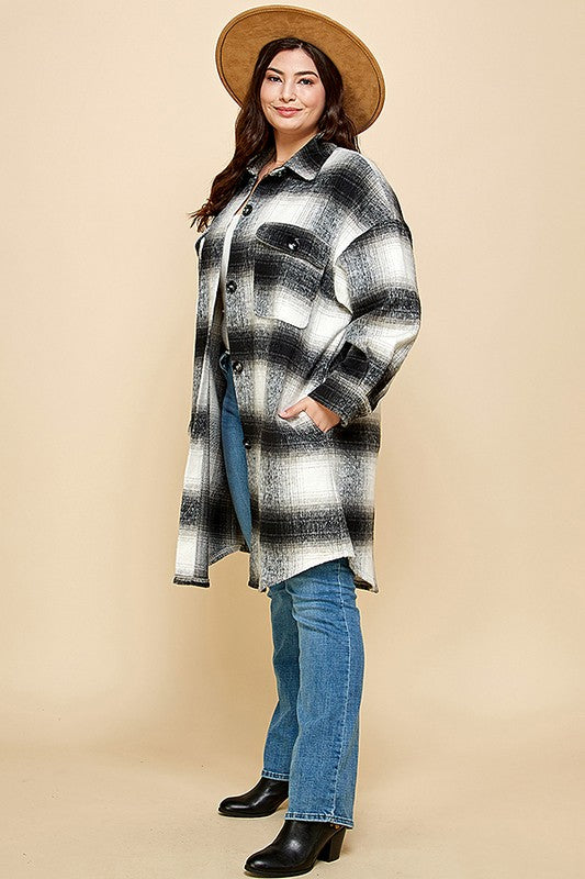 PLAID PRINT MOHAIR WOOL LONG SHACKET WITH POCKET