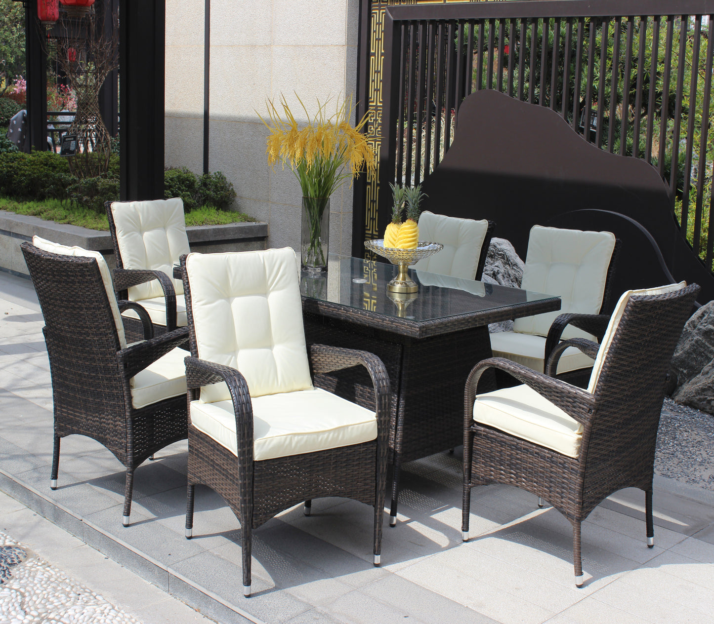 Patio 7-Piece Rectangular Dining Set with 6 Dining Chairs (Brown &Beige Cushion )