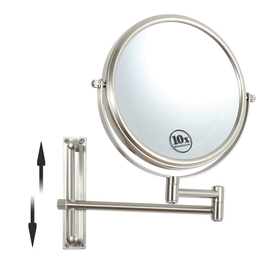 8-inch Wall Mounted Makeup Vanity Mirror, Height Adjustable, 1X / 10X Magnification Mirror, 360° Swivel with Extension Arm (Brushed Nickel)