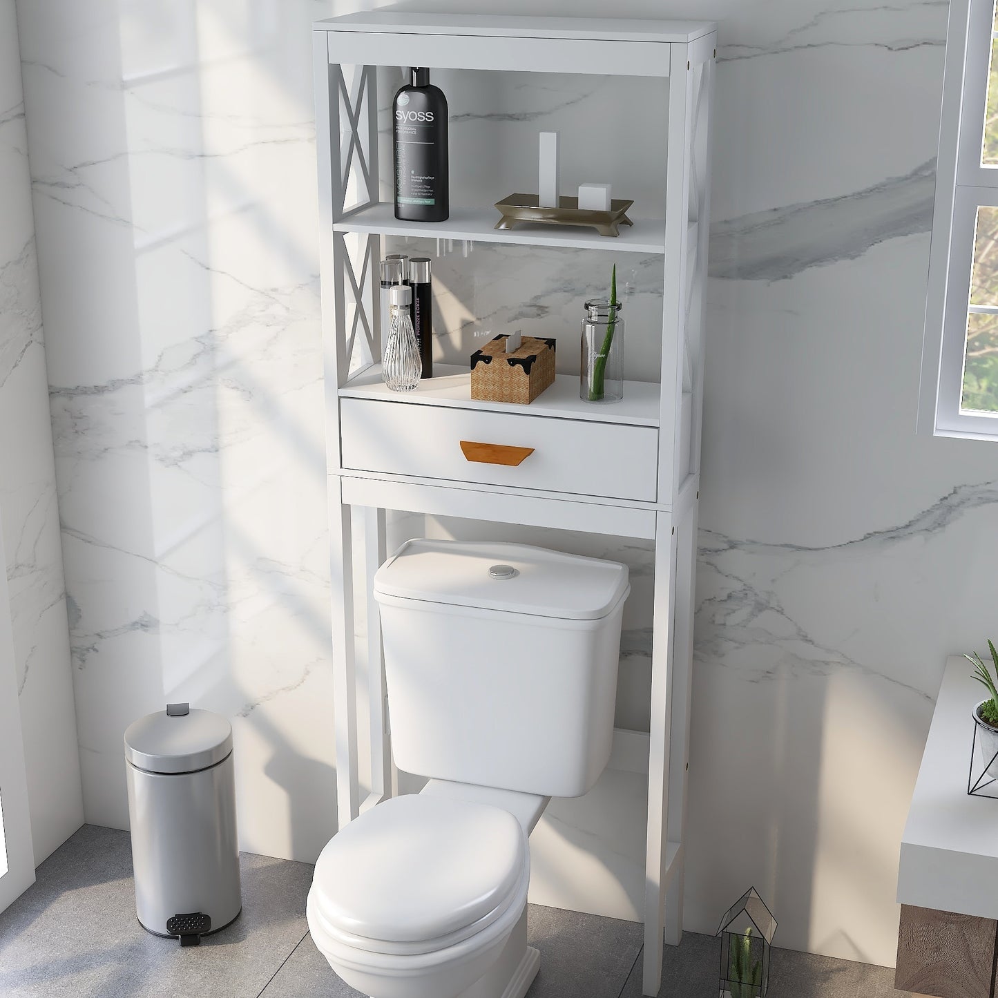 Over-the-Toilet Storage Cabinet White with one Drawer and 2 Shelves Space Saver Bathroom Rack