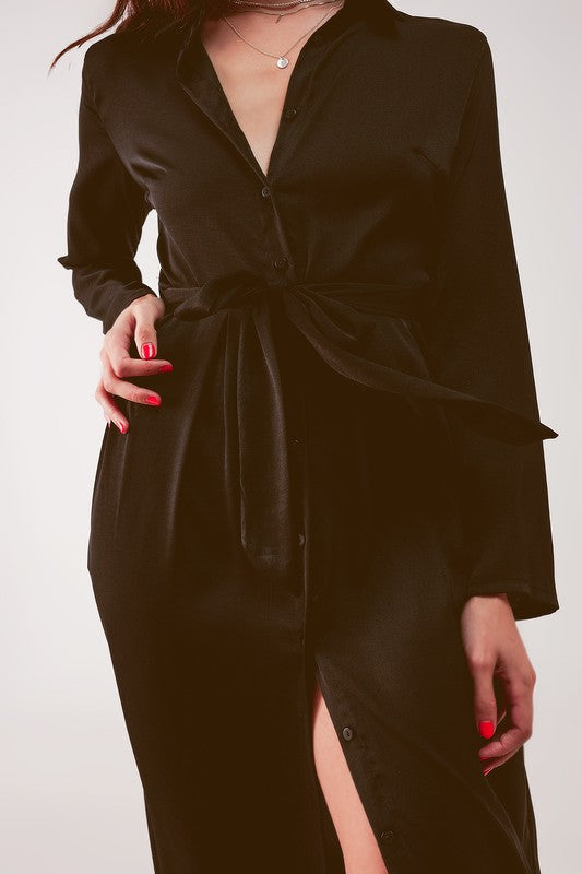 SLOUCHY PLUNGE SHIRT MAXI DRESS IN BLACK