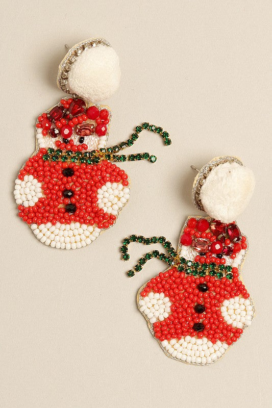 Pompom Christmas Snowman Beaded Drop Earrings