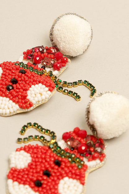 Pompom Christmas Snowman Beaded Drop Earrings