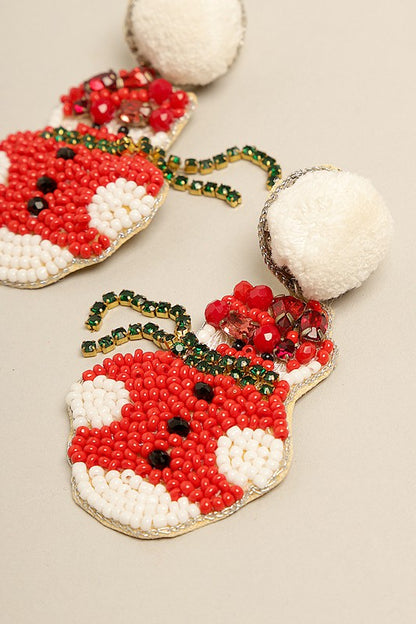 Pompom Christmas Snowman Beaded Drop Earrings