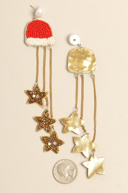 Beaded Drop Stars Santa Hat Earrings