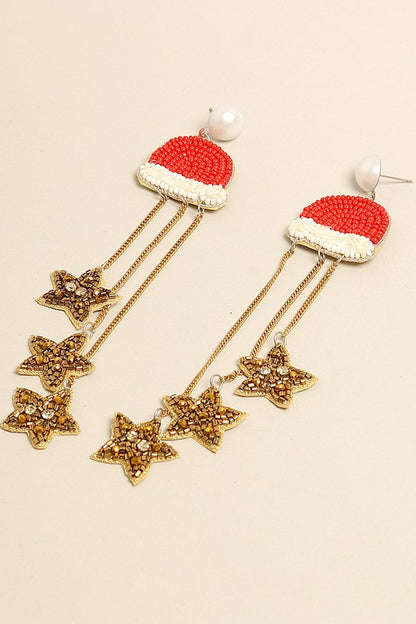 Beaded Drop Stars Santa Hat Earrings