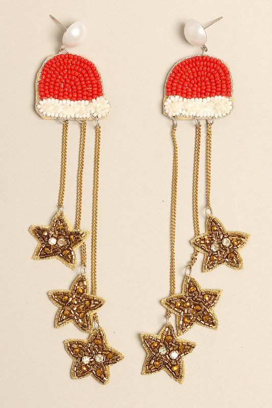 Beaded Drop Stars Santa Hat Earrings