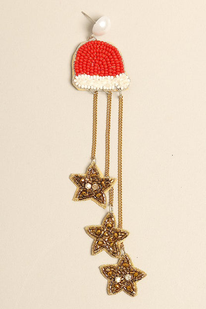 Beaded Drop Stars Santa Hat Earrings