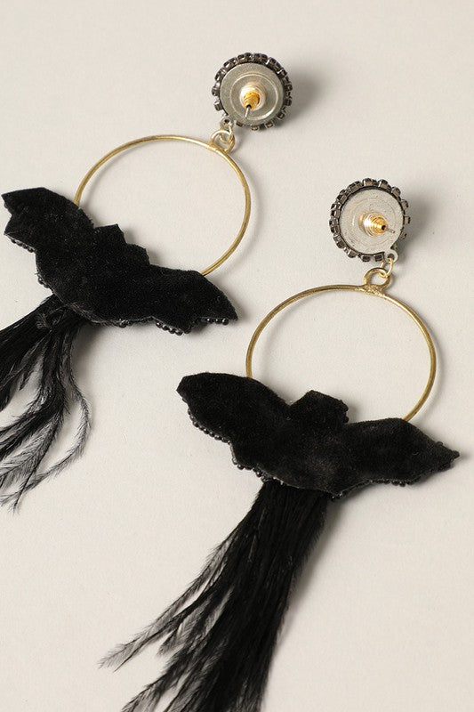 Spooky Bat Beaded with Feather Drop Earrings