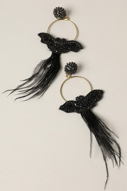 Spooky Bat Beaded with Feather Drop Earrings