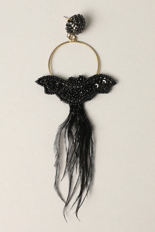 Spooky Bat Beaded with Feather Drop Earrings