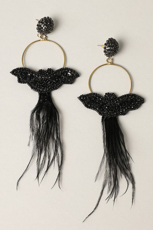 Spooky Bat Beaded with Feather Drop Earrings