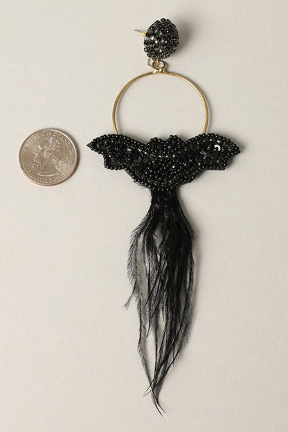 Spooky Bat Beaded with Feather Drop Earrings