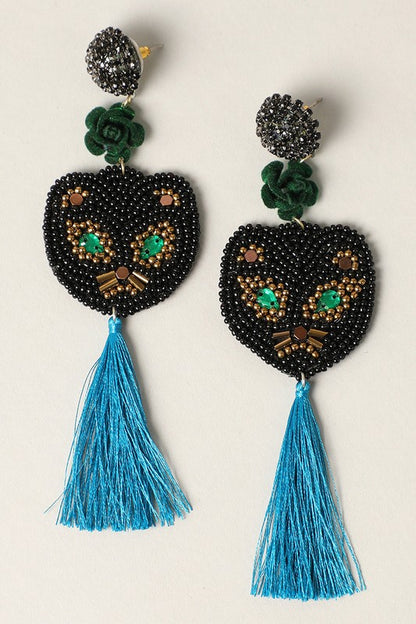 Spooky Cat with Blue Tassel Drop Earrings