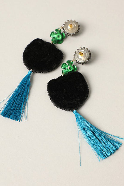 Spooky Cat with Blue Tassel Drop Earrings