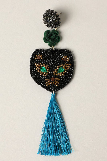 Spooky Cat with Blue Tassel Drop Earrings