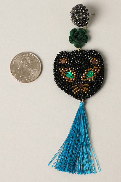 Spooky Cat with Blue Tassel Drop Earrings