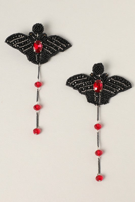 Spooky Bat Beaded Red Beads Drop Earrings