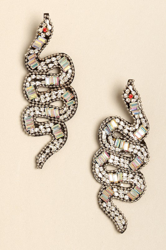 Rhinestones Beaded Snake Post-Drop Earrings