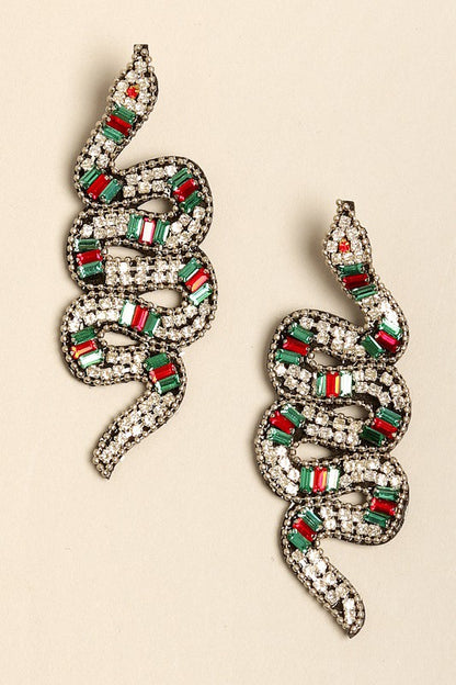 Rhinestones Beaded Snake Post-Drop Earrings