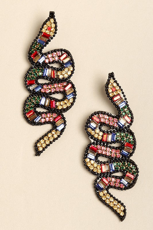 Rhinestones Beaded Snake Post-Drop Earrings