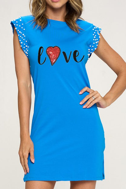 Cap Sleeve Pearls Graphic Dress