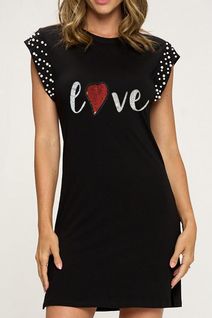 Cap Sleeve Pearls Graphic Dress