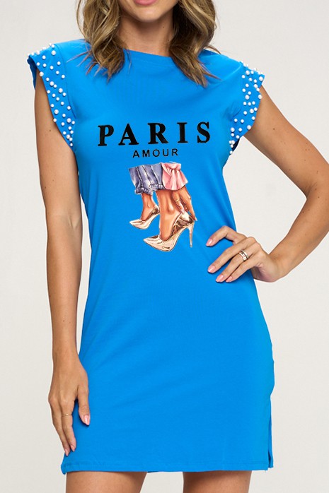 Cap Sleeve Pearls Graphic Dress