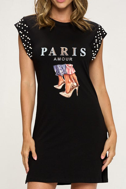 Cap Sleeve Pearls Graphic Dress