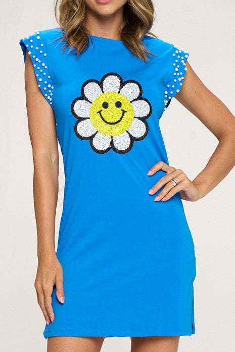 Cap Sleeve Pearls Graphic Dress