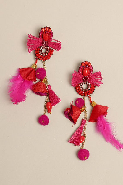 Fiesta Beaded Tassel Earrings with Feather Drop