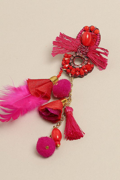 Fiesta Beaded Tassel Earrings with Feather Drop