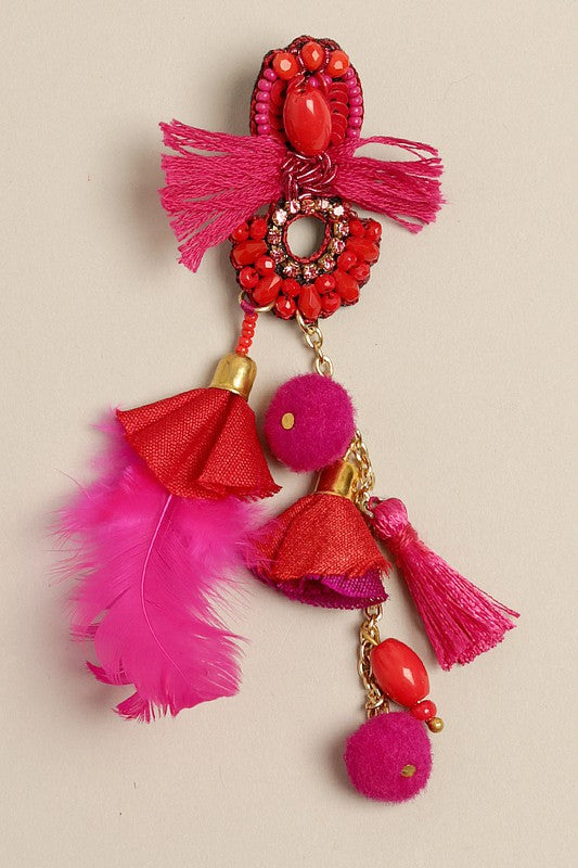 Fiesta Beaded Tassel Earrings with Feather Drop