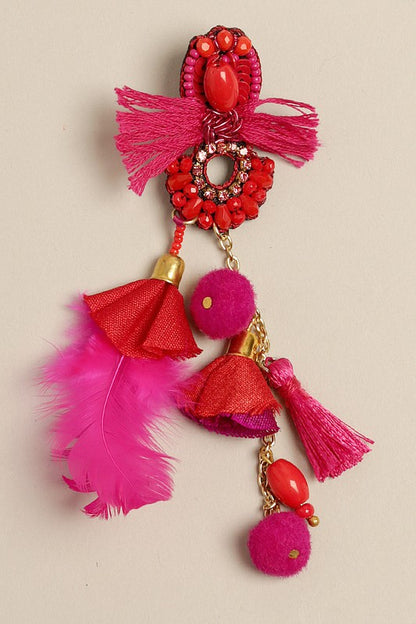 Fiesta Beaded Tassel Earrings with Feather Drop