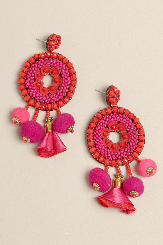 Boho Tribal Beaded Pom-Pom Drop Earrings