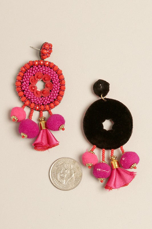 Boho Tribal Beaded Pom-Pom Drop Earrings