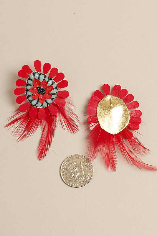 Boho Tribal Earrings with Feather Drop