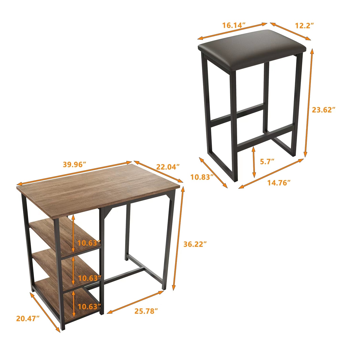 Modern 
3-Piece Bar tabies and chairs  Set with 2 Chairs for Dining Room，Black Frame+Brown oak board surface+Black cushion