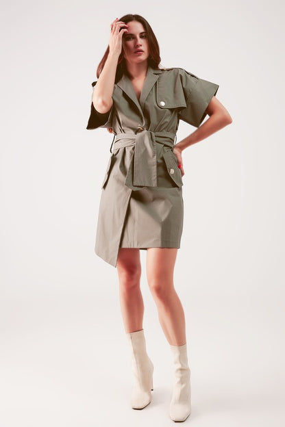 ASYMMETRIC MINI SHIRT DRESS IN KHAKI