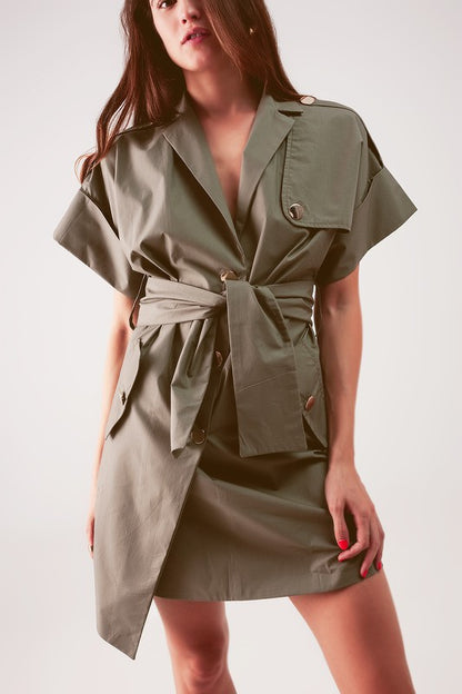 ASYMMETRIC MINI SHIRT DRESS IN KHAKI