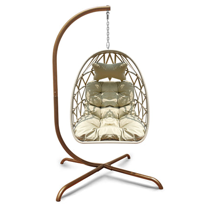 Swing Egg Chair with Stand Indoor Outdoor Wicker Rattan Patio Basket Hanging Chair with C Type bracket , with cushion and pillow,Patio Wicker folding Hanging Chair