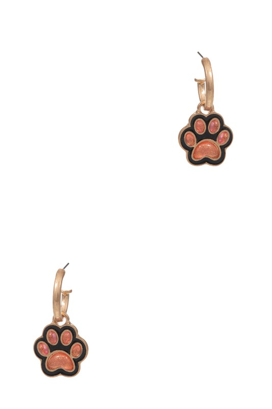 3D Paw Enamel Pendant Post Hoop Earrings