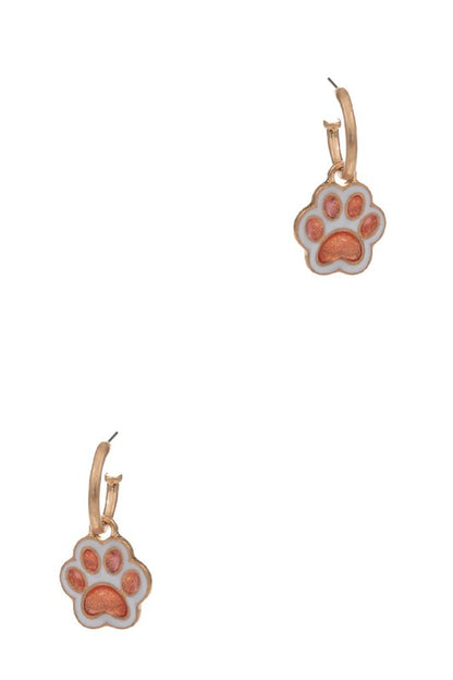 3D Paw Enamel Pendant Post Hoop Earrings