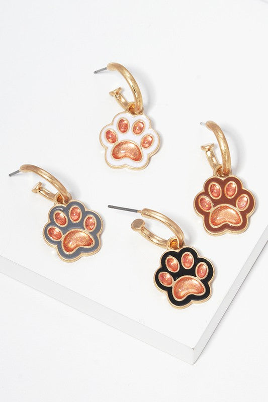 3D Paw Enamel Pendant Post Hoop Earrings