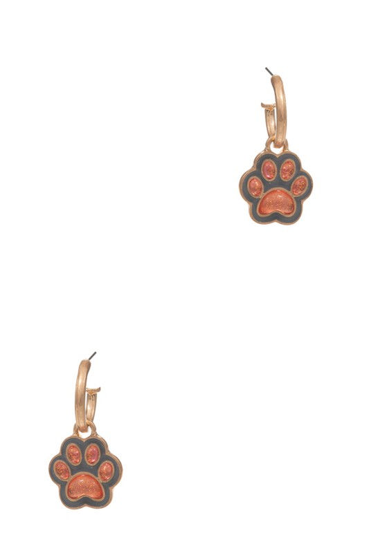 3D Paw Enamel Pendant Post Hoop Earrings