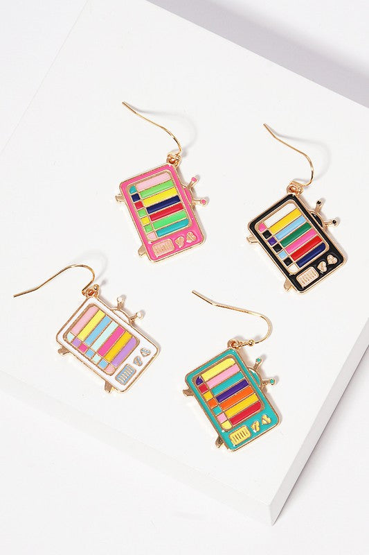 Retro Television Enamel Pendant Hook Earrings