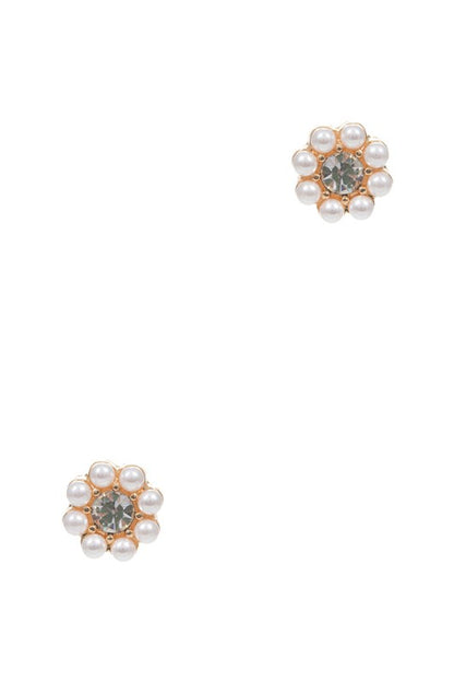 Pearl Paved Metal Flower Earrings