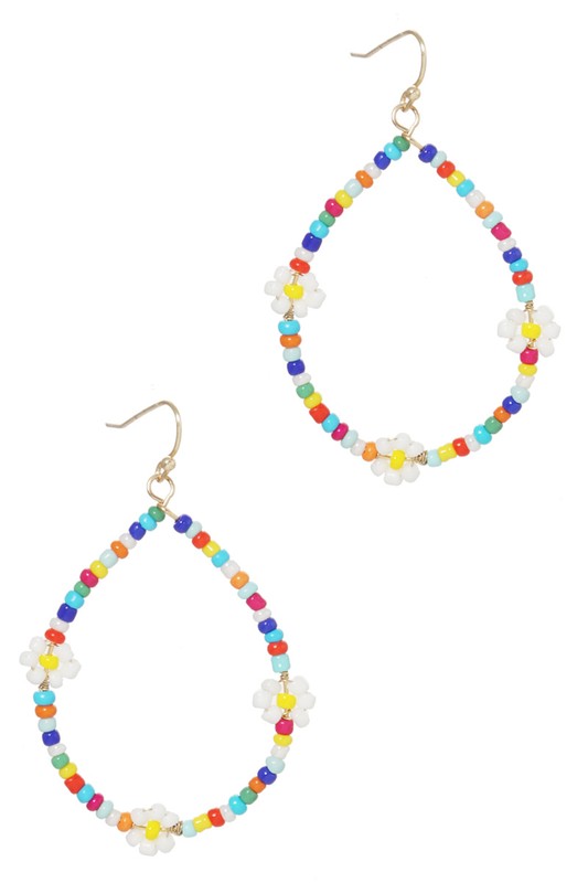 Teardrop Shape Floral Seed Beaded Hook Earrings